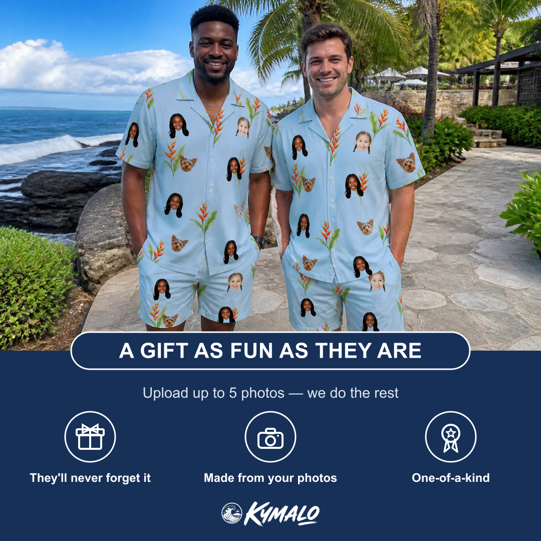 Friends in matching Men's Heliconia Hooray Custom Face Shirt & Shorts Set — a group gift photo