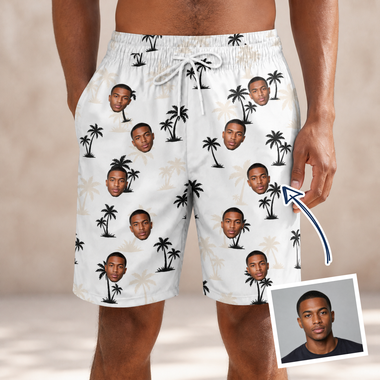 Man wearing Men's Tropic Tangle Custom Face Beach Shorts — custom faces printed all-over