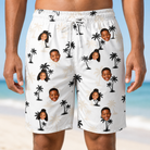 Model wearing Men's Tropic Tangle Custom Face Beach Shorts printed with kids' faces