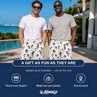 Friends in matching Men's Tropic Tangle Custom Face Beach Shorts — a group gift photo
