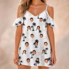 Model wearing Women's Tropic Tangle Custom Face Off-Shoulder Dress printed with kids' faces