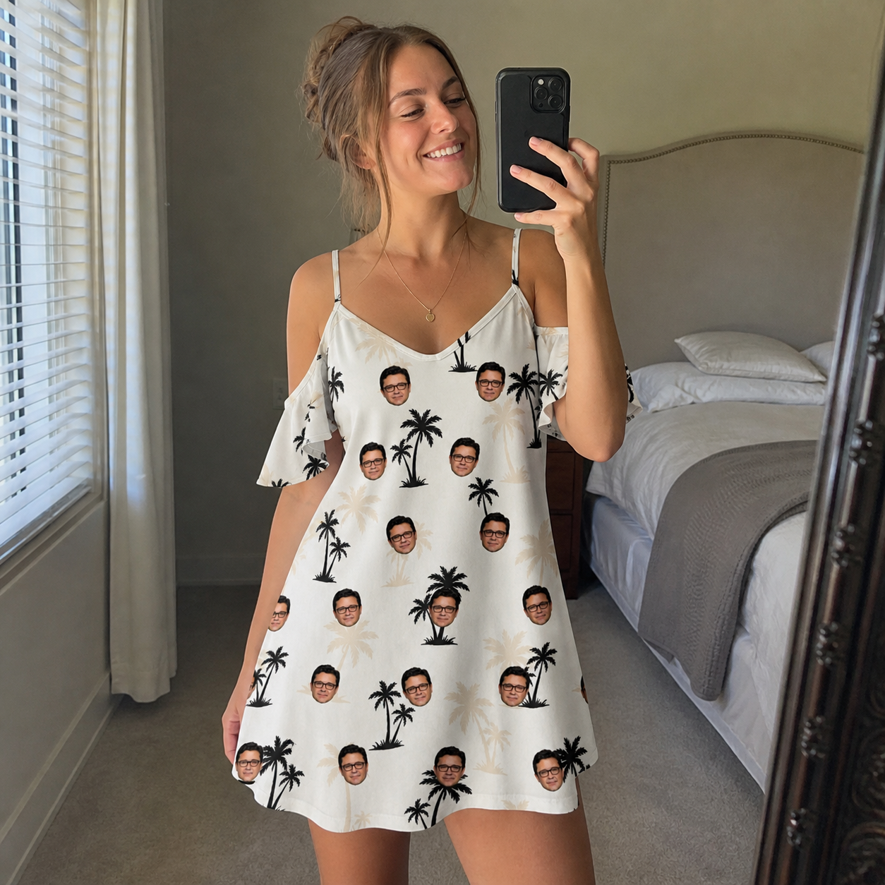 Real-life photo of someone wearing Women's Tropic Tangle Custom Face Off-Shoulder Dress — custom faces printed all-over