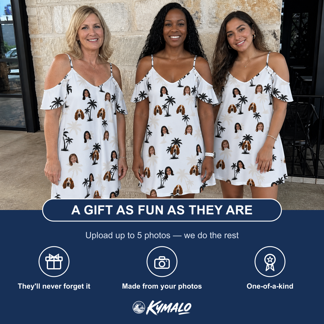 Friends in matching Women's Tropic Tangle Custom Face Off-Shoulder Dress — a group gift photo