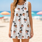 Model wearing Women's Tropic Tangle Custom Face Tank Dress printed with kids' faces