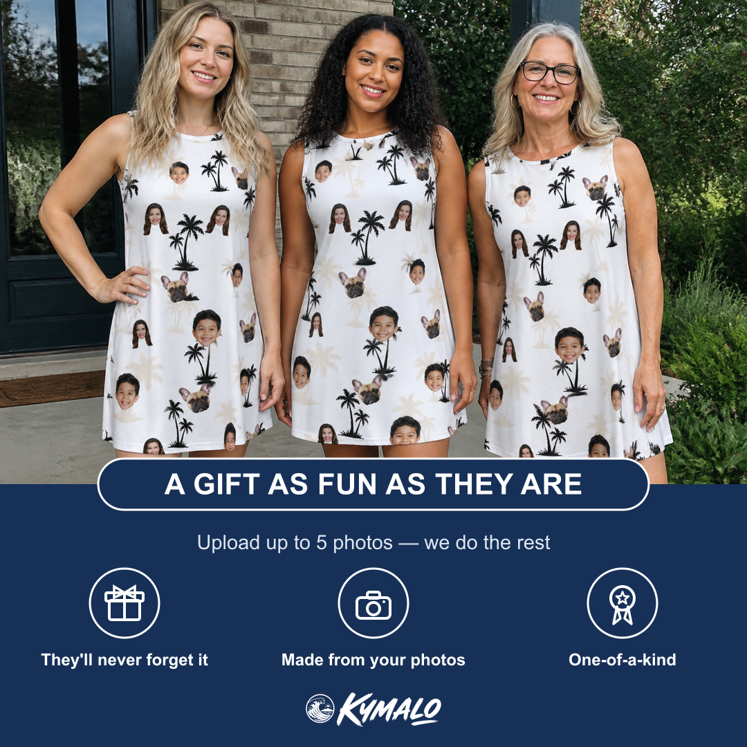 Friends in matching Women's Tropic Tangle Custom Face Tank Dress — a group gift photo