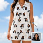 Woman wearing Women's Tropic Tangle Custom Face V-Neck Dress — custom faces printed all-over