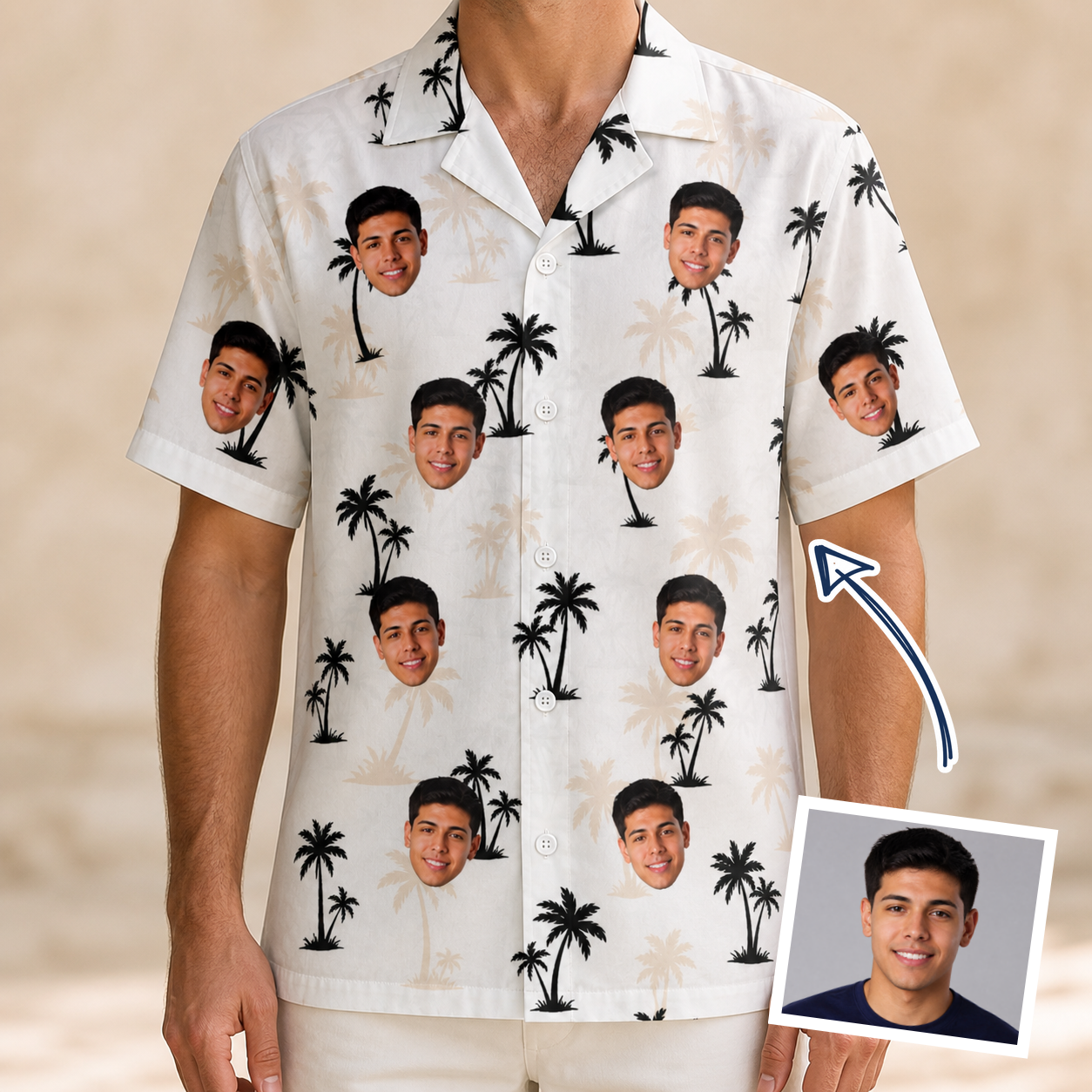 Man wearing Men's Tropic Tangle Custom Face Hawaiian Shirt — custom faces printed all-over