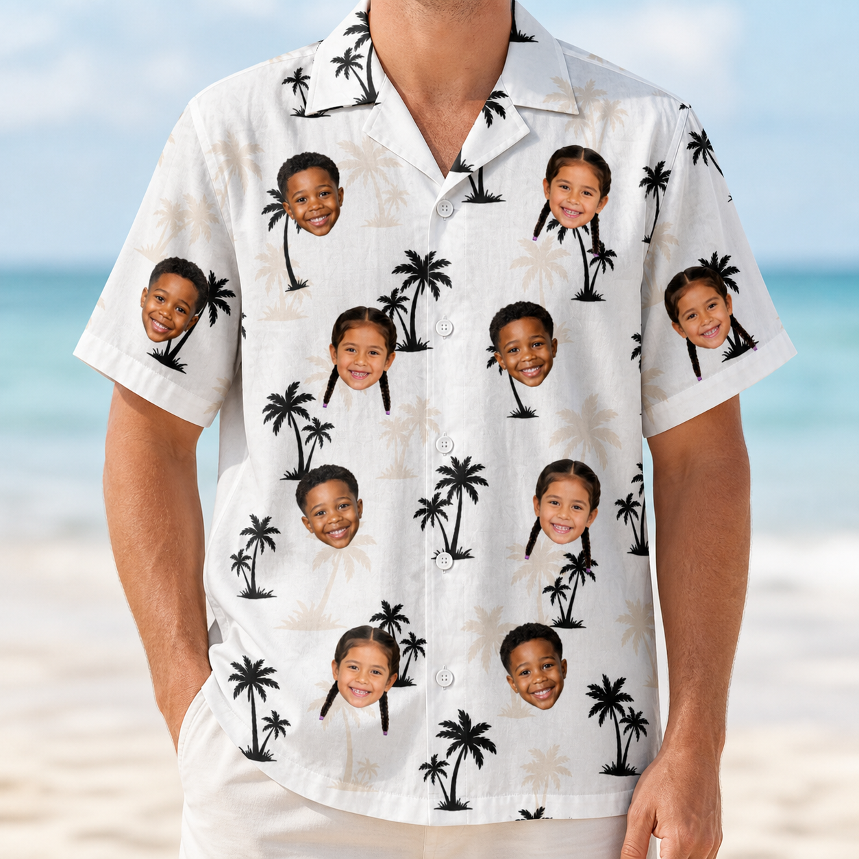 Model wearing Men's Tropic Tangle Custom Face Hawaiian Shirt printed with kids' faces