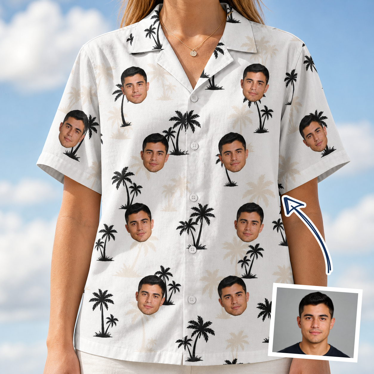 Woman wearing Women's Tropic Tangle Custom Face Hawaiian Shirt — custom faces printed all-over