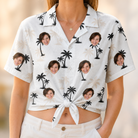 Woman wearing Women's Tropic Tangle Custom Face Hawaiian Shirt tied at the waist