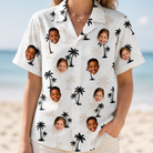 Model wearing Women's Tropic Tangle Custom Face Hawaiian Shirt printed with kids' faces
