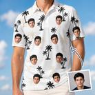Man wearing Men's Tropic Tangle Custom Face Polo Shirt — custom faces printed all-over