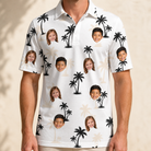 Model wearing Men's Tropic Tangle Custom Face Polo Shirt printed with kids' faces