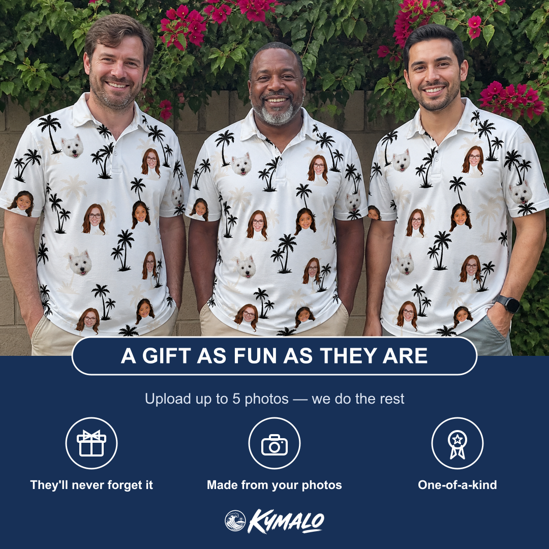 Friends in matching Men's Tropic Tangle Custom Face Polo Shirt — a group gift photo