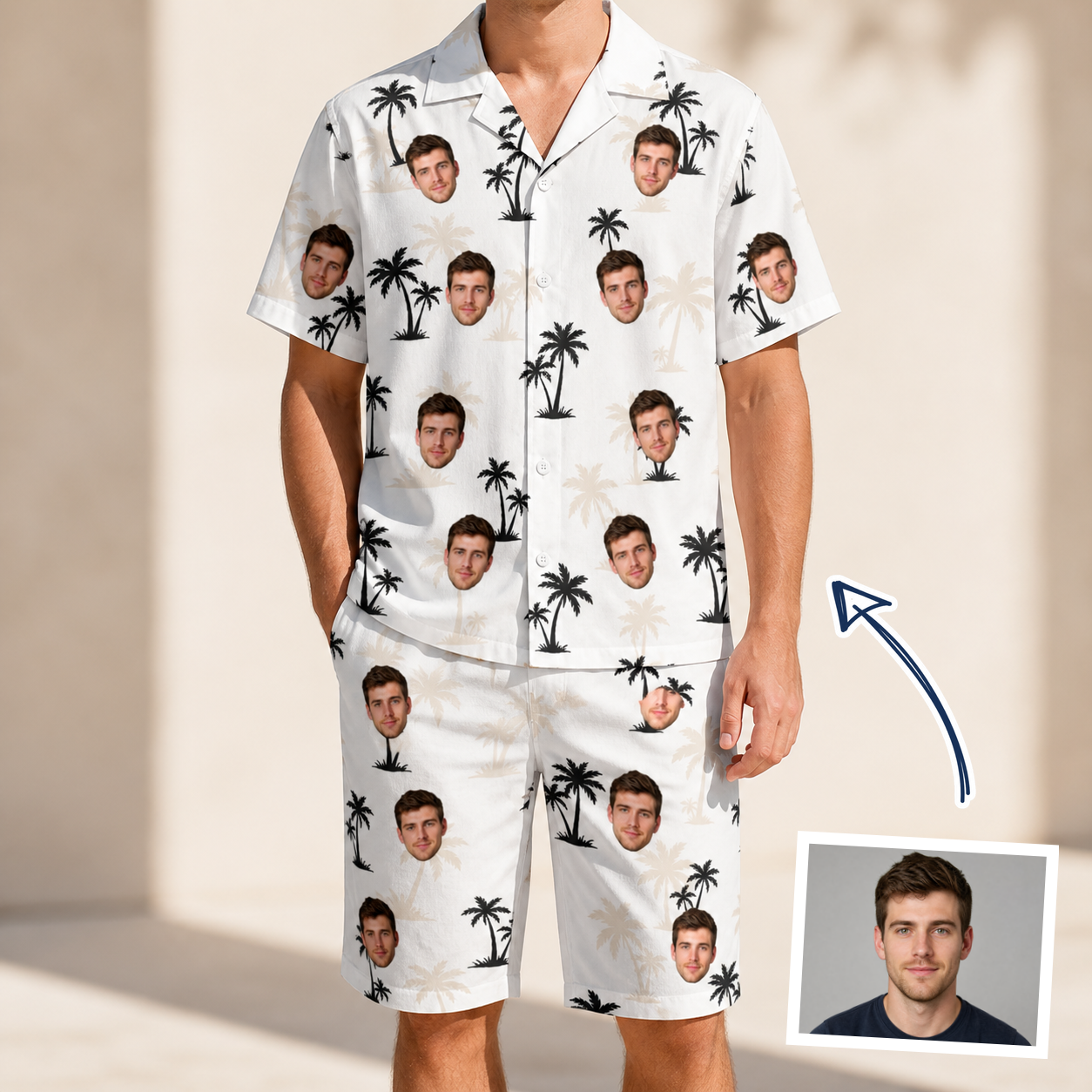Man wearing Men's Tropic Tangle Custom Face Shirt & Shorts Set — custom faces printed all-over