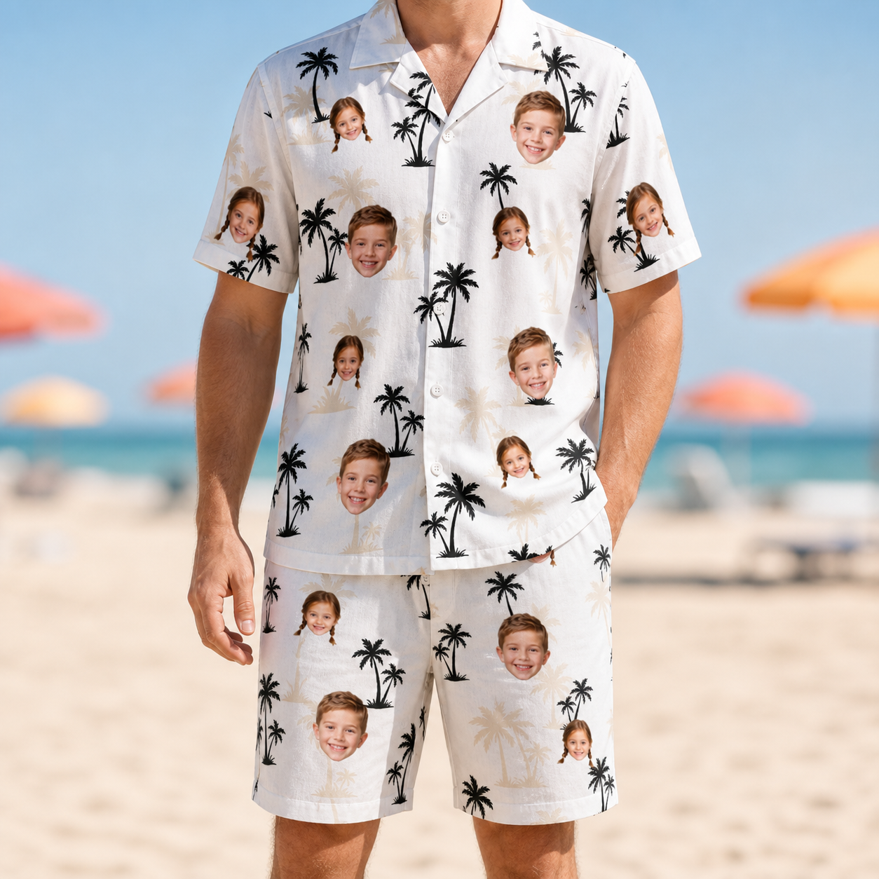 Model wearing Men's Tropic Tangle Custom Face Shirt & Shorts Set printed with kids' faces