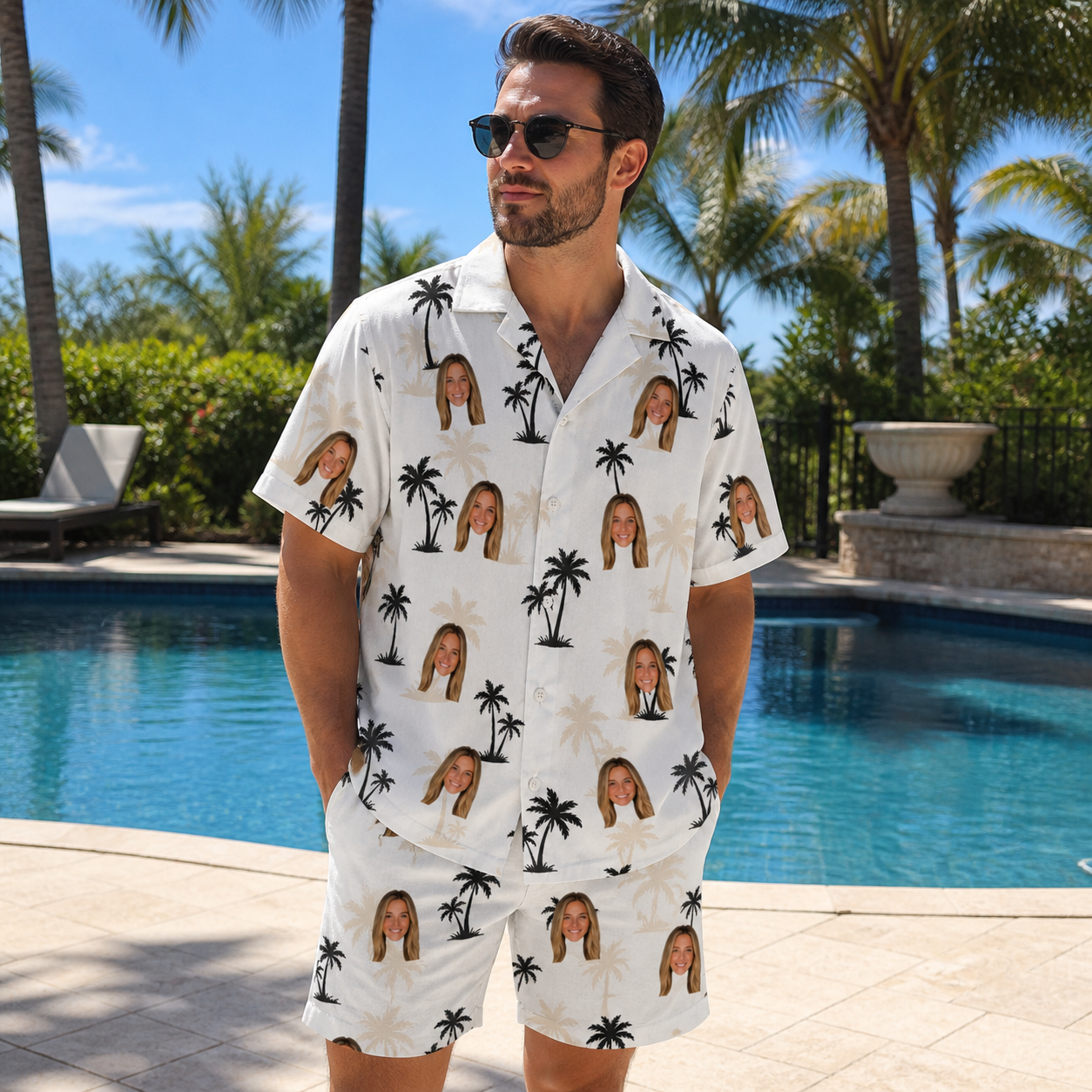 Real-life photo of someone wearing Men's Tropic Tangle Custom Face Shirt & Shorts Set — custom faces printed all-over