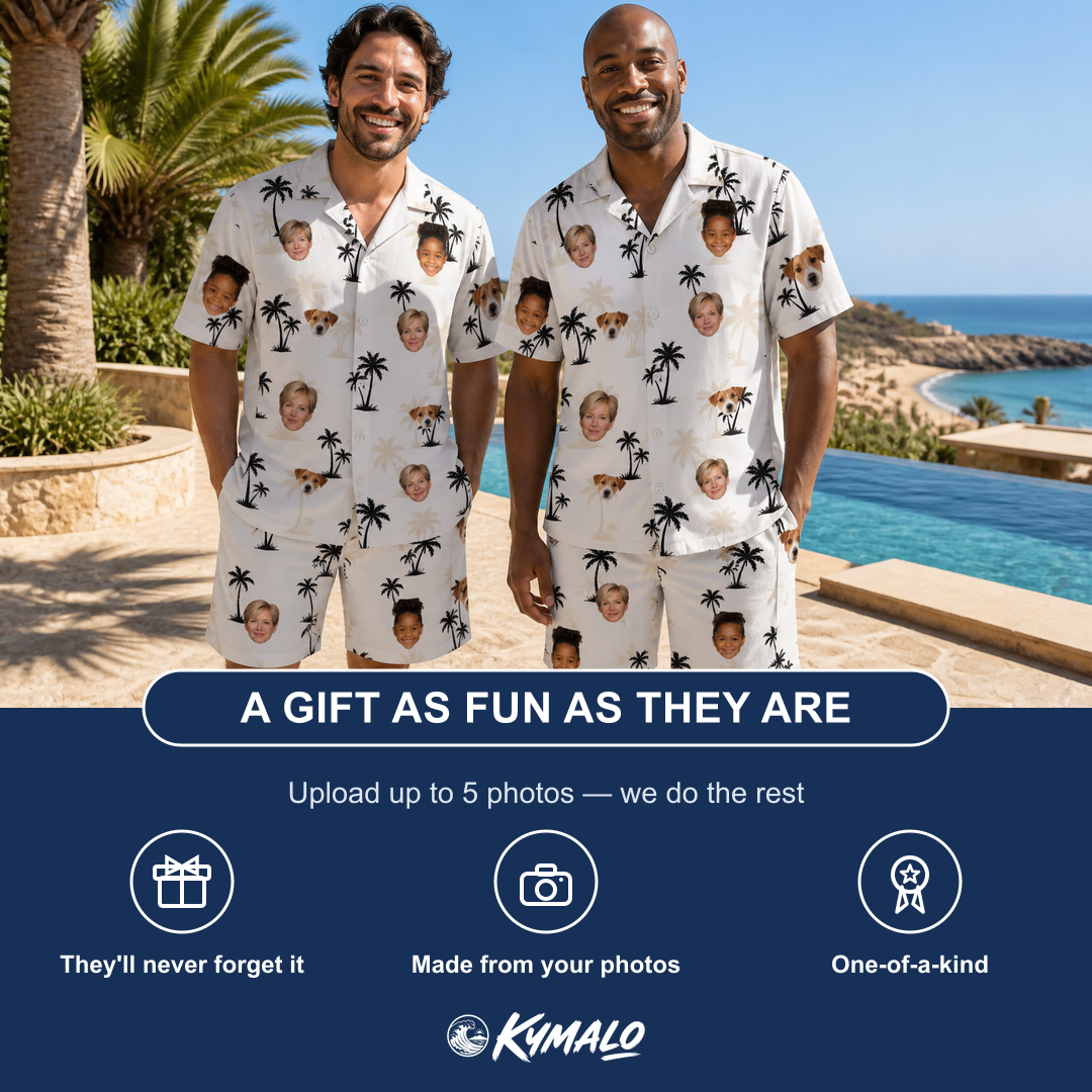 Friends in matching Men's Tropic Tangle Custom Face Shirt & Shorts Set — a group gift photo