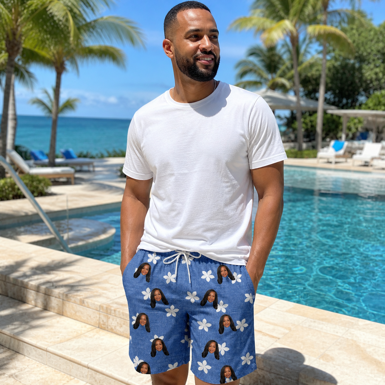 Real-life photo of someone wearing Men's Bloom Lagoon Custom Face Beach Shorts — custom faces printed all-over
