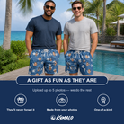 Friends in matching Men's Bloom Lagoon Custom Face Beach Shorts — a group gift photo