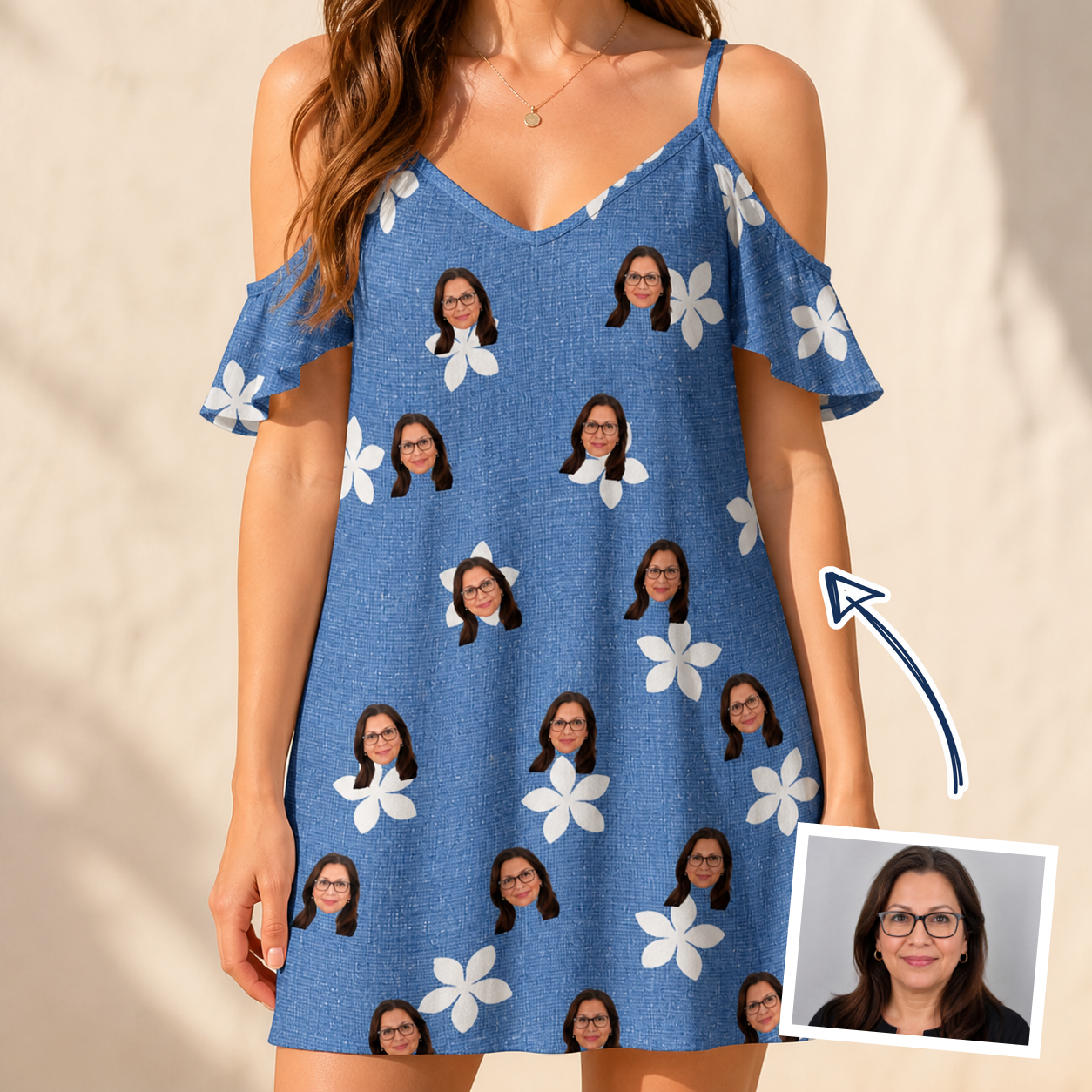 Woman wearing Women's Bloom Lagoon Custom Face Off-Shoulder Dress — custom faces printed all-over
