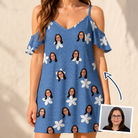 Woman wearing Women's Bloom Lagoon Custom Face Off-Shoulder Dress — custom faces printed all-over
