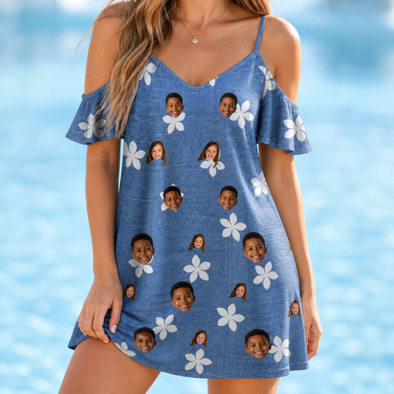 Model wearing Women's Bloom Lagoon Custom Face Off-Shoulder Dress printed with kids' faces