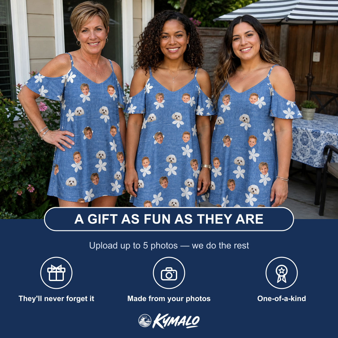 Friends in matching Women's Bloom Lagoon Custom Face Off-Shoulder Dress — a group gift photo