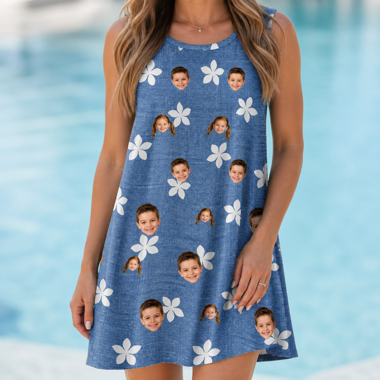 Model wearing Women's Bloom Lagoon Custom Face Tank Dress printed with kids' faces