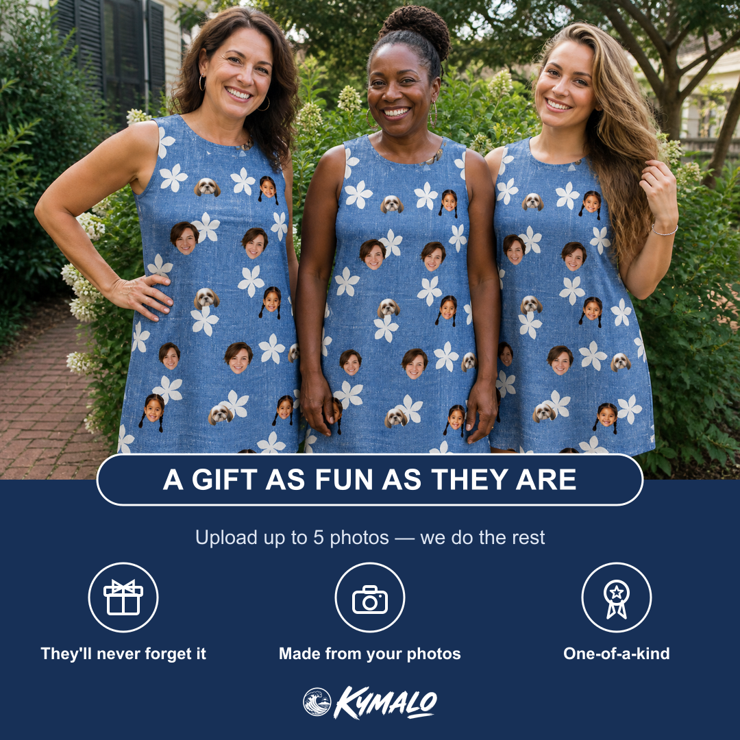 Friends in matching Women's Bloom Lagoon Custom Face Tank Dress — a group gift photo