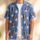 Man wearing Men's Bloom Lagoon Custom Face Hawaiian Shirt open over a white tee