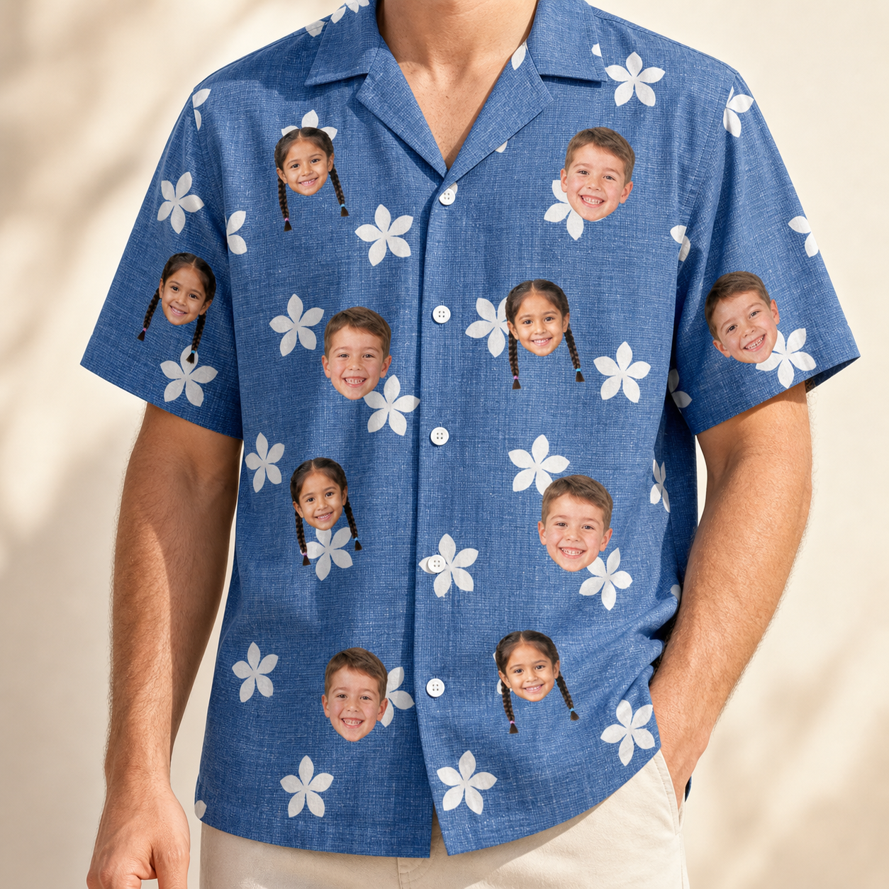 Model wearing Men's Bloom Lagoon Custom Face Hawaiian Shirt printed with kids' faces