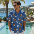 Real-life photo of someone wearing Men's Bloom Lagoon Custom Face Hawaiian Shirt — custom faces printed all-over
