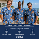 Friends in matching Men's Bloom Lagoon Custom Face Hawaiian Shirt — a group gift photo