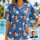 Woman wearing Women's Bloom Lagoon Custom Face Hawaiian Shirt — custom faces printed all-over