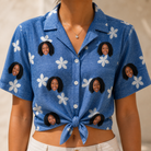 Woman wearing Women's Bloom Lagoon Custom Face Hawaiian Shirt tied at the waist