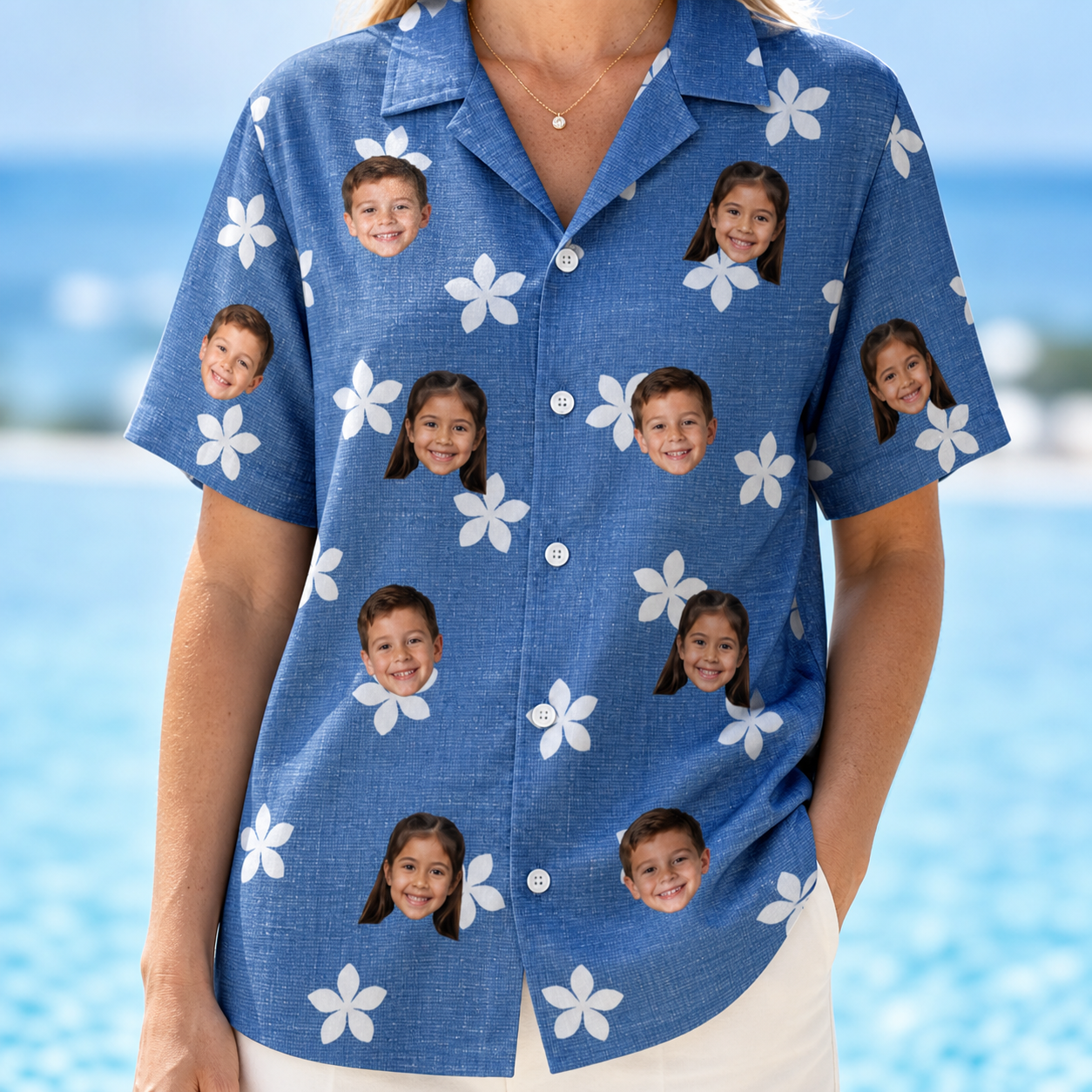 Model wearing Women's Bloom Lagoon Custom Face Hawaiian Shirt printed with kids' faces