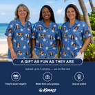 Friends in matching Women's Bloom Lagoon Custom Face Hawaiian Shirt — a group gift photo