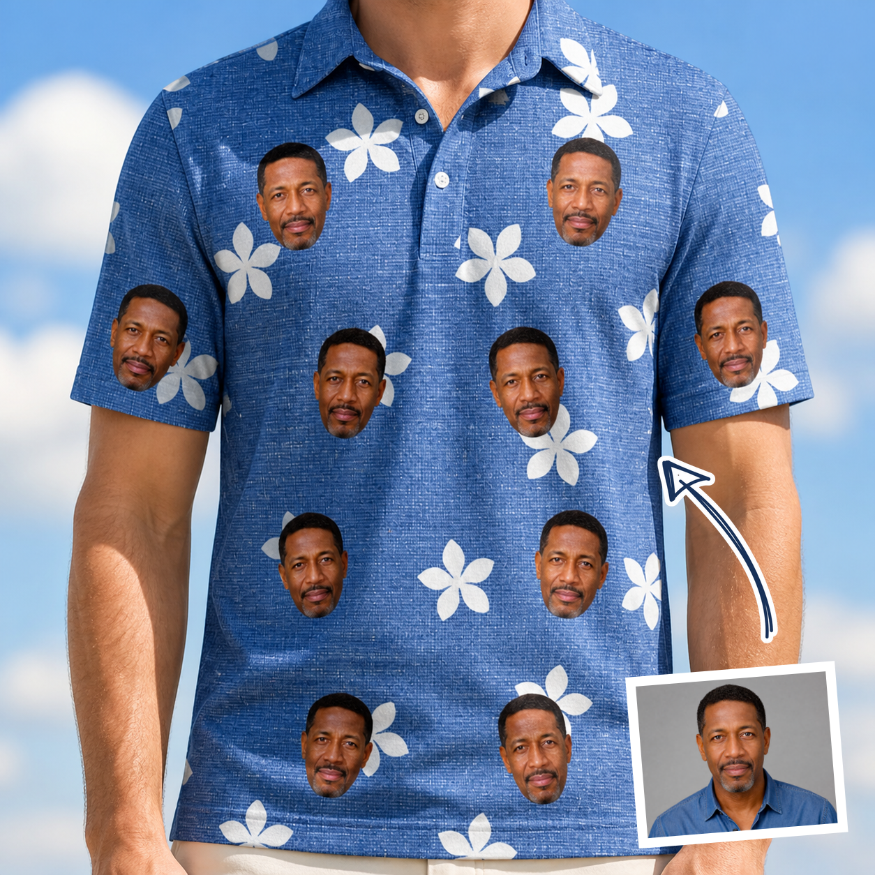 Man wearing Men's Bloom Lagoon Custom Face Polo Shirt — custom faces printed all-over
