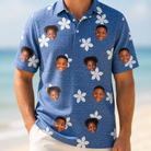 Model wearing Men's Bloom Lagoon Custom Face Polo Shirt printed with kids' faces