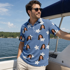 Real-life photo of someone wearing Men's Bloom Lagoon Custom Face Polo Shirt — custom faces printed all-over