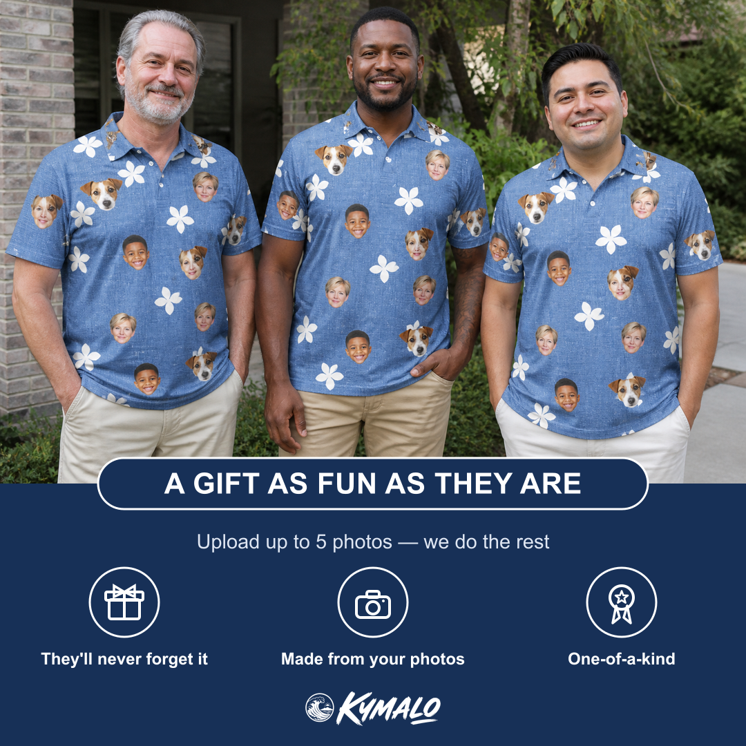 Friends in matching Men's Bloom Lagoon Custom Face Polo Shirt — a group gift photo