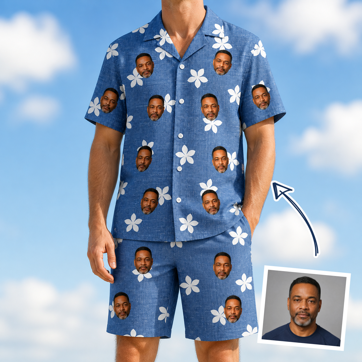 Man wearing Men's Bloom Lagoon Custom Face Shirt & Shorts Set — custom faces printed all-over