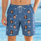 Model wearing Men's Mako Minnows Custom Face Beach Shorts printed with kids' faces
