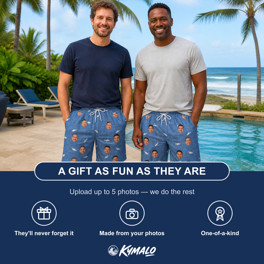 Friends in matching Men's Mako Minnows Custom Face Beach Shorts — a group gift photo