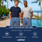 Friends in matching Men's Mako Minnows Custom Face Beach Shorts — a group gift photo