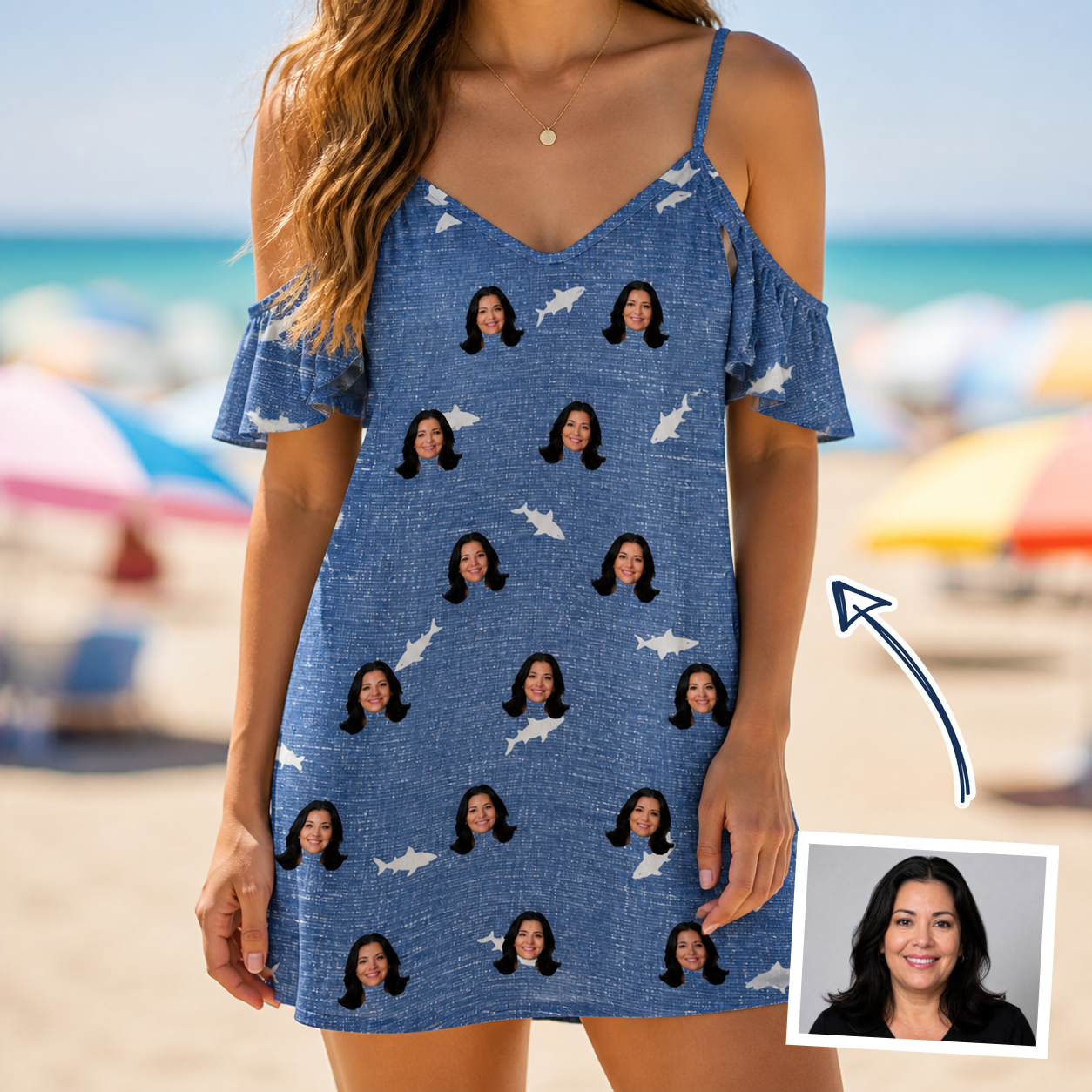 Woman wearing Women's Mako Minnows Custom Face Off-Shoulder Dress — custom faces printed all-over