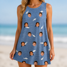 Model wearing Women's Mako Minnows Custom Face Tank Dress printed with kids' faces