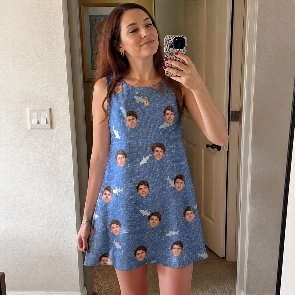Real-life photo of someone wearing Women's Mako Minnows Custom Face Tank Dress — custom faces printed all-over