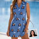Woman wearing Women's Mako Minnows Custom Face V-Neck Dress — custom faces printed all-over